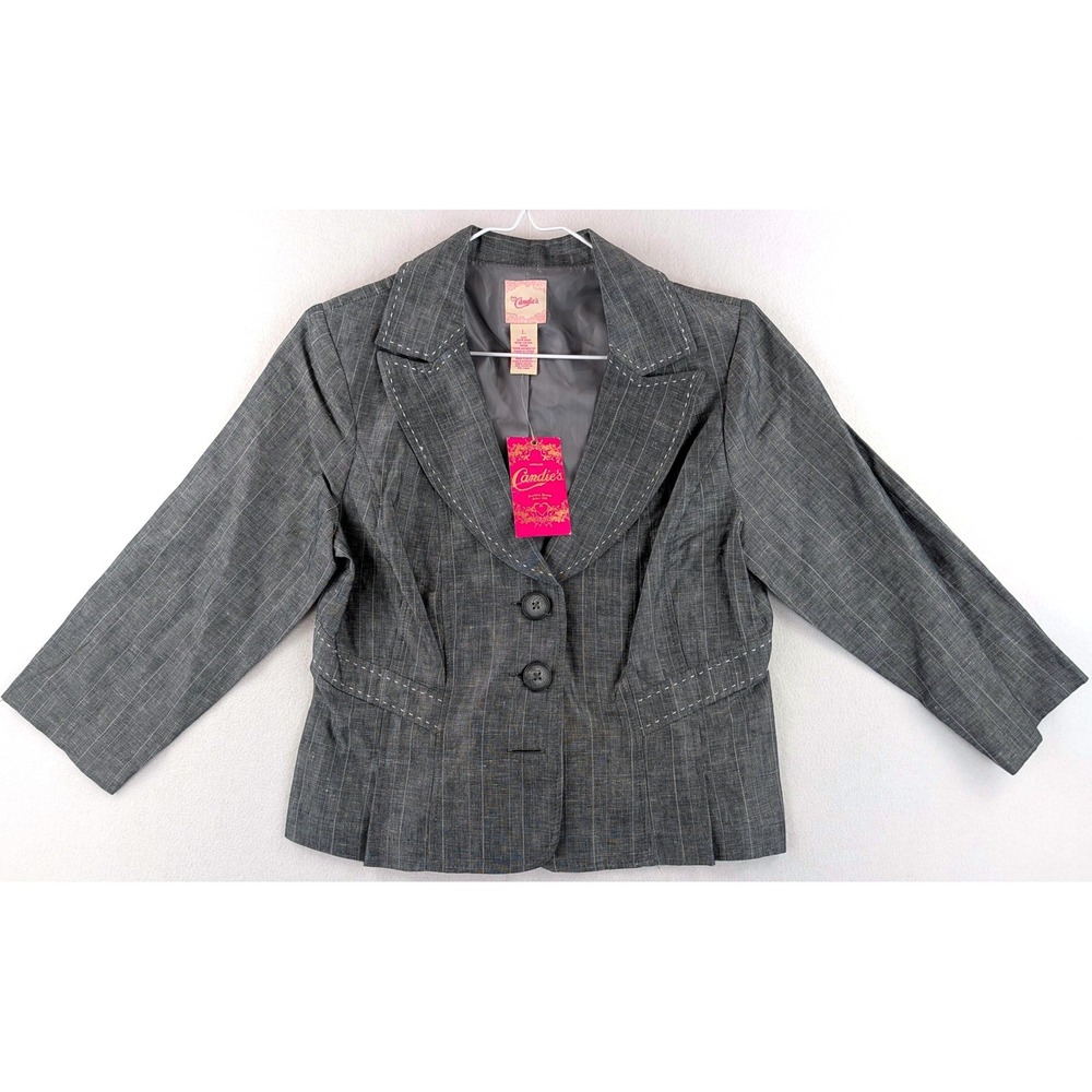 Candie's 2007 NWT Gray Pinstripe Linen Blend Cropped Blazer Women's L Y2K